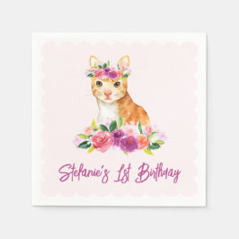 オレンジ色のかわいい猫と紫色の花の誕生日 スタンダードカクテルナプキン