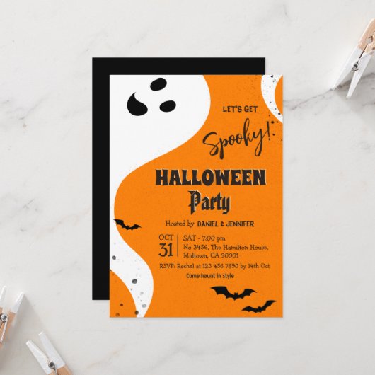 オレンジ色のこうもりと幽霊でお化けハロウィンパーティー 招待状 (正面/裏面インサイチュ)