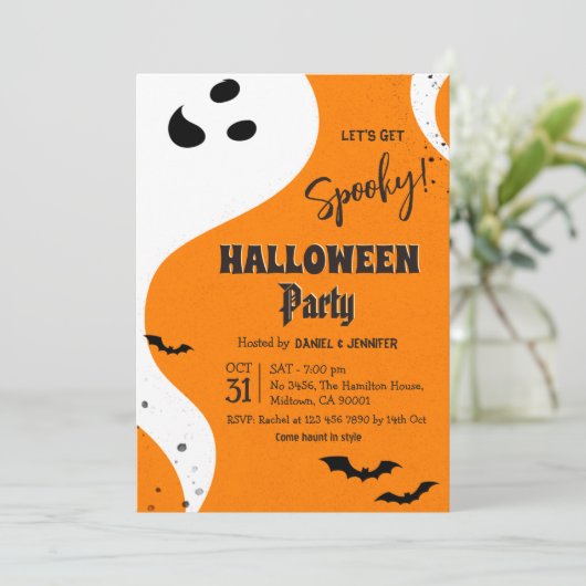 オレンジ色のこうもりと幽霊のハロウィンパーティー Let's Get Spooky 招待状 (スタンド正面)