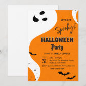 オレンジ色のこうもりと幽霊のハロウィンパーティー Let's Get Spooky 招待状 (正面/裏面)