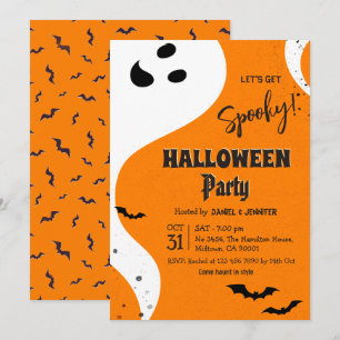 オレンジ色のこうもりと幽霊のハロウィンパーティー Let's Get Spooky 招待状