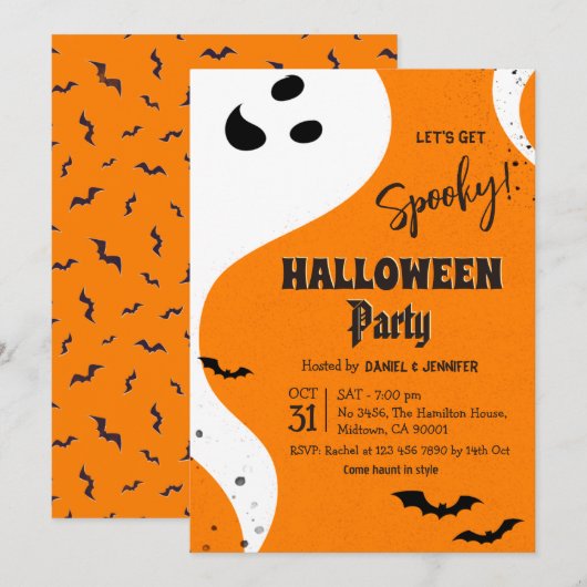 オレンジ色のこうもりと幽霊のハロウィンパーティー Let's Get Spooky 招待状 (正面/裏面)