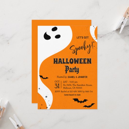 オレンジ色のこうもりと幽霊のハロウィンパーティー Let's Get Spooky 招待状 (正面/裏面インサイチュ)