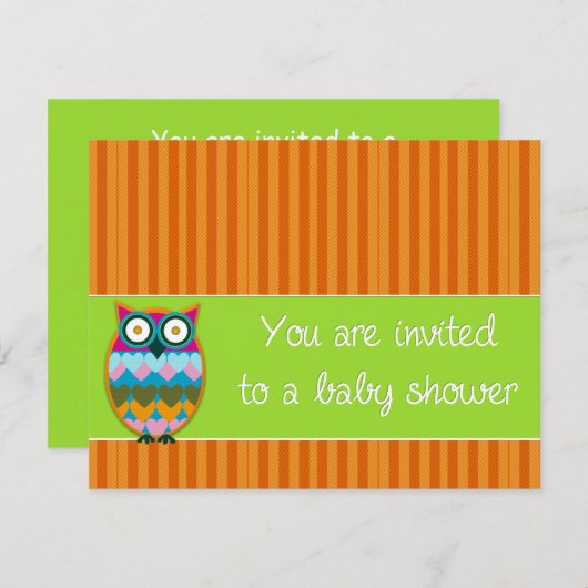 オレンジ色のの赤ストライプちゃんシャワーの招待にフクロウ 招待状 (正面/裏面)