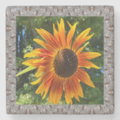 オレンジ色のひまわり付き大理石フォトコースター2 ストーンコースター (正面)