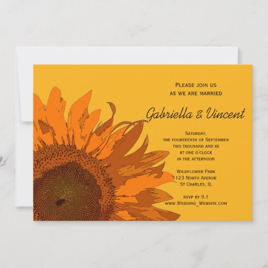オレンジ色のひまわり結婚が黄色 招待状 (正面)