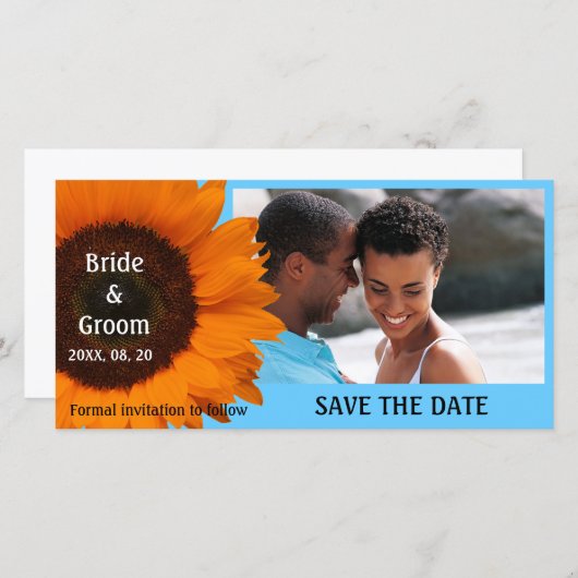 オレンジ色のひまわり結婚式の日付の写真カードを保存 セーブザデート (正面/裏面)