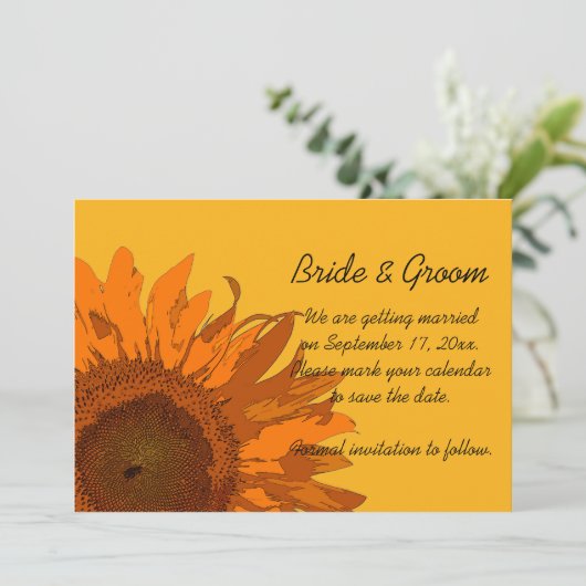 オレンジ色のひまわり黄色の結婚式の日付を保存 招待状 (スタンド正面)