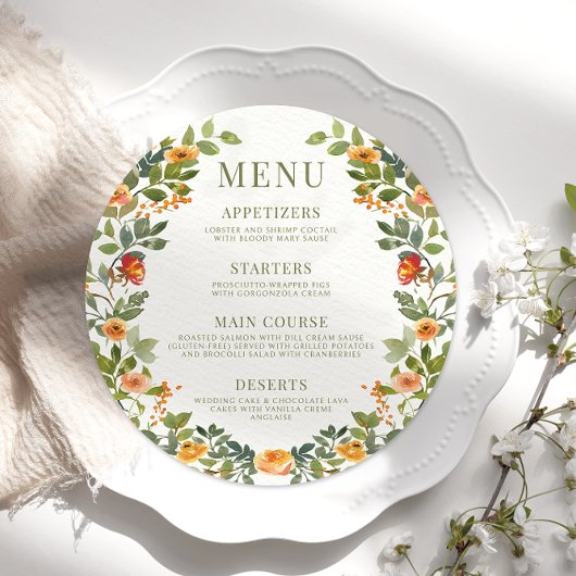 オレンジ色のほこりっぽい緑のフローラ丸のメニューカードプレート メニュー