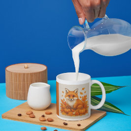 オレンジ色のほっこり秋の雰囲気 キツネ かぼちゃ 葉 コーヒーマグカップ