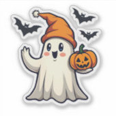 オレンジ色のアイスキャップハロウィーンデコール付き可愛い幽霊 シール (正面)