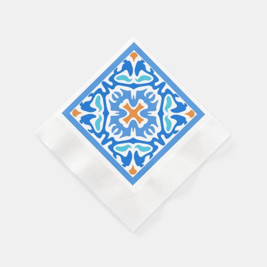 オレンジ色のアクセントを持つ夏色の青い幾何学的 縁ありカクテルナプキン (角)