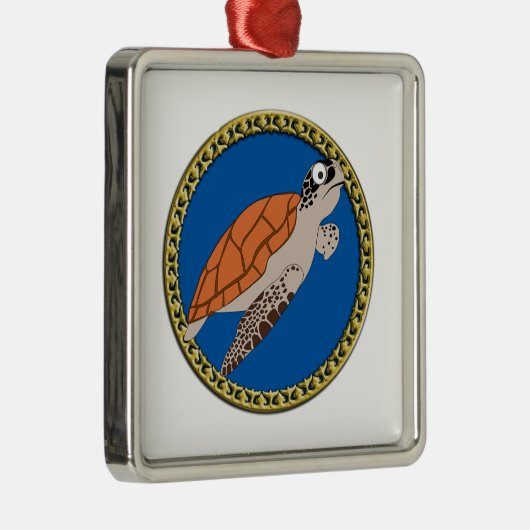 オレンジ色のウミガメが金ゴールド枠で泳ぐ メタルオーナメント (右)