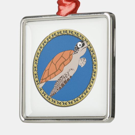 オレンジ色のウミガメが金ゴールド枠で泳ぐ メタルオーナメント (左)