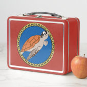 オレンジ色のウミガメが金ゴールド枠で泳ぐ メタルランチボックス (インサイチュ)