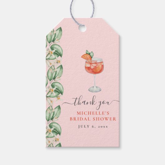 オレンジ色のエプロール スプリッツ ブライダルシャワー ギフトタグ (正面)