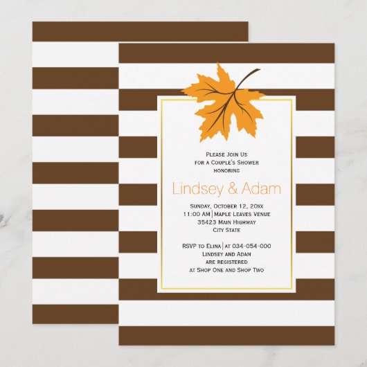 オレンジ色のカエルの葉とストライプの結婚式カップルシャワー 招待状 (正面/裏面)