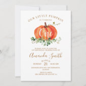 オレンジ色のカボチャが1歳の誕生日 フローラル招待状 招待状 (正面)