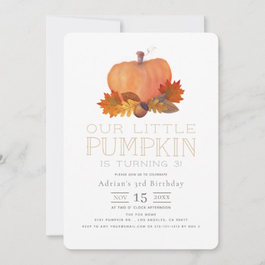 オレンジ色のカボチャと紅葉の誕生日 招待状 (正面)