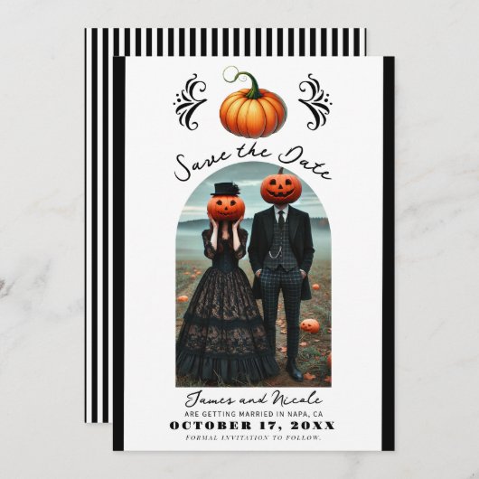 オレンジ色のカボチャのハロウィーン秋写真の保存日付 招待状 (正面/裏面)