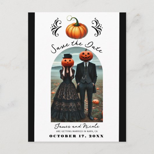 オレンジ色のカボチャのハロウィーン秋写真の保存日付 案内ポストカード (正面)