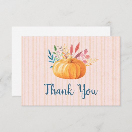 オレンジ色のカボチャのピンクと金ゴールドストライプありがとう サンキューカード (正面/裏面)