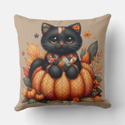 オレンジ色のカボチャの上の黒猫　秋の模様のクッションケットパターン クッション (裏面)