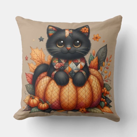 オレンジ色のカボチャの上の黒猫 秋の模様のクッションケットパターン クッション (正面)