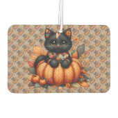 オレンジ色のカボチャの上の黒猫　秋の模様のクッションケット カーエアーフレッシュナー (裏面)