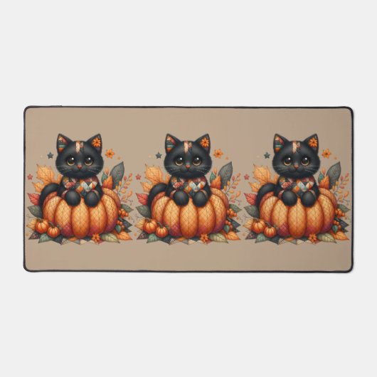 オレンジ色のカボチャの上の黒猫　秋の模様のクッションケット デスクマット (正面)