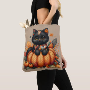 オレンジ色のカボチャの上の黒猫　秋の模様のクッションケット トートバッグ