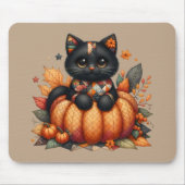 オレンジ色のカボチャの上の黒猫　秋の模様のクッションケット マウスパッド (正面)