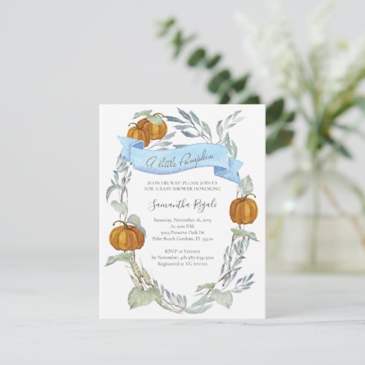 オレンジ色のカボチャの赤ちゃん歓迎会の招待状 秋の季節 招待状 (スタンド正面)