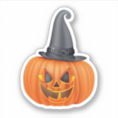 オレンジ色のカボチャの顔と尖ったハットビニル シール (正面)