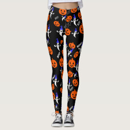 オレンジ色のカボチャを持つ帽子の頭に白い幽霊 レギンス