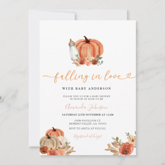 オレンジ色のカボチャ落ちる恋秋赤ちゃんシャワー 招待状 (正面)