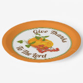 オレンジ色のカボチャ、果実、葉秋感謝祭 ペーパープレート (アングル)