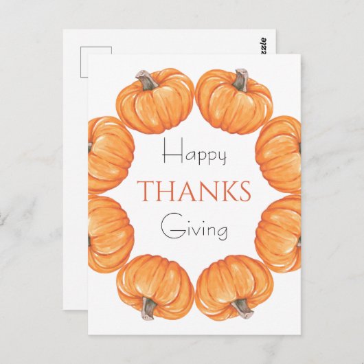 オレンジ色のカボチャ 水彩画 楽しい感謝祭 ポストカード (正面/裏面)