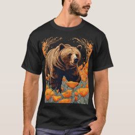 オレンジ色のカリフォルニアポピーの中を歩く熊 Tシャツ