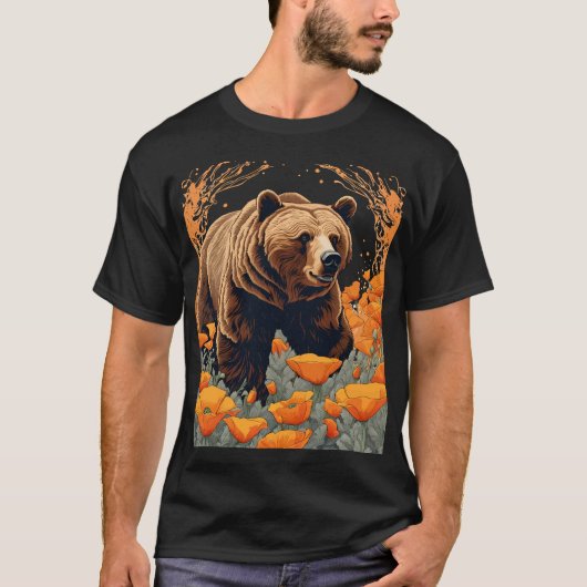 オレンジ色のカリフォルニアポピーの中を歩く熊 Tシャツ (正面)