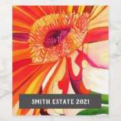 オレンジ色のガーベラ水色フローラアートワインラベル ワインラベル (シングルラベル)