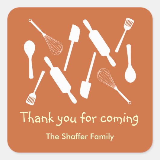 オレンジ色のキッチン器具サンクスギビング柄のパーティー スクエアシール (正面)