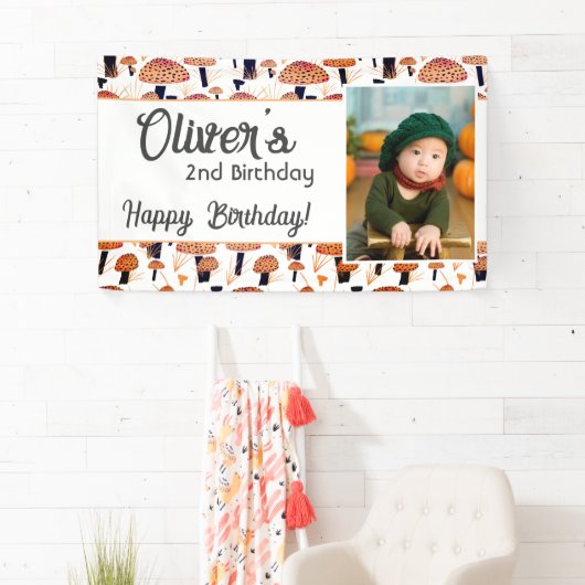 オレンジ色のキノコ柄の秋の写真の誕生日 横断幕 (インサイチュ)