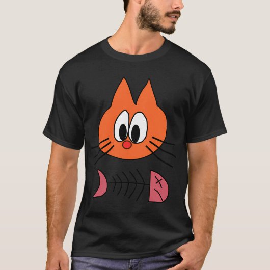 オレンジ色のキャラクター猫と残った魚 Tシャツ (正面)