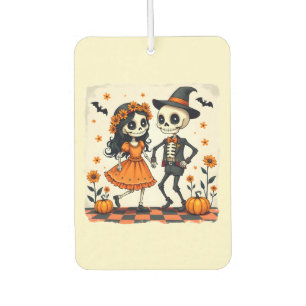 オレンジ色のキュートなハロウィンスケルトンカップル カーエアーフレッシュナー