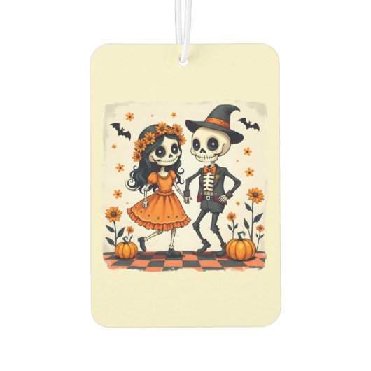 オレンジ色のキュートなハロウィンスケルトンカップル カーエアーフレッシュナー (裏面)