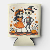オレンジ色のキュートなハロウィンスケルトンカップル 缶クーラー (正面)