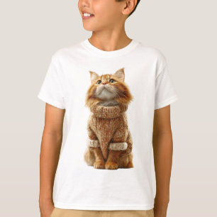オレンジ色のギザギザのフワフワ猫がニットセーターを着た子供たち Tシャツ