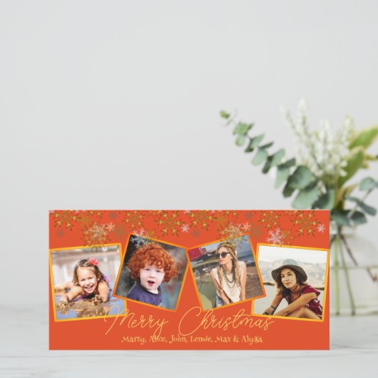 オレンジ色のクリスマスの雪数々の片 – フォトカード シーズンカード (スタンド正面)