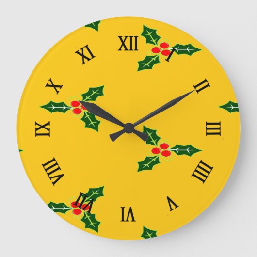 オレンジ色のクリスマスホリー ラージ壁時計 (正面)